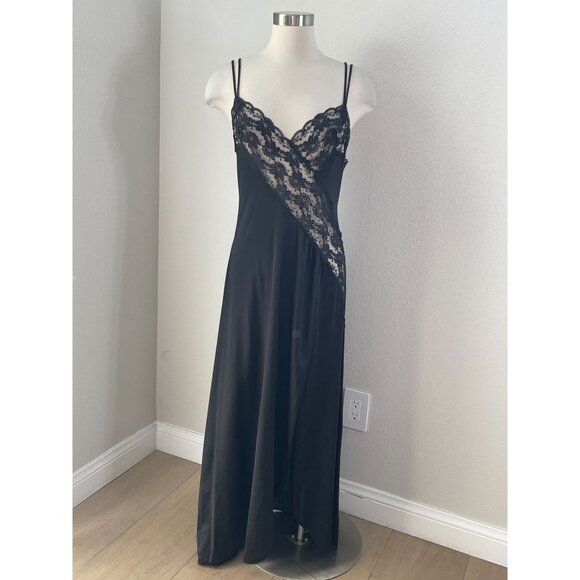 Vintage Womens Medium Black Sheer Lace Maxi Slip Dress High Slit Nightgown - Picture 1 of 12